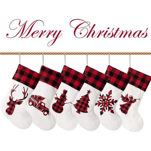 Set of 6 ChristmasStocking(20inch) Silhouette Buffalo Red Plaid/Rustic/Farmhouse - Picture 3 of 7